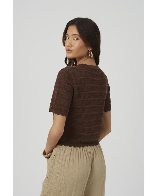 Brave Soul Brown Short Sleeve Stitch Detail Crew Neck Cardigan