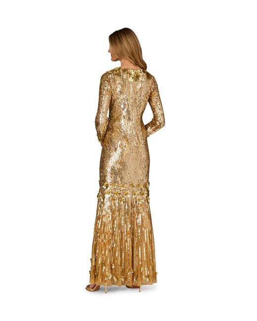 Adrianna Papell Metallic Aidan Beaded Mesh Long Dress