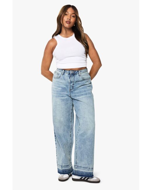 Boohoo Blue Plus Fray Hem Detail Straight Leg Jean