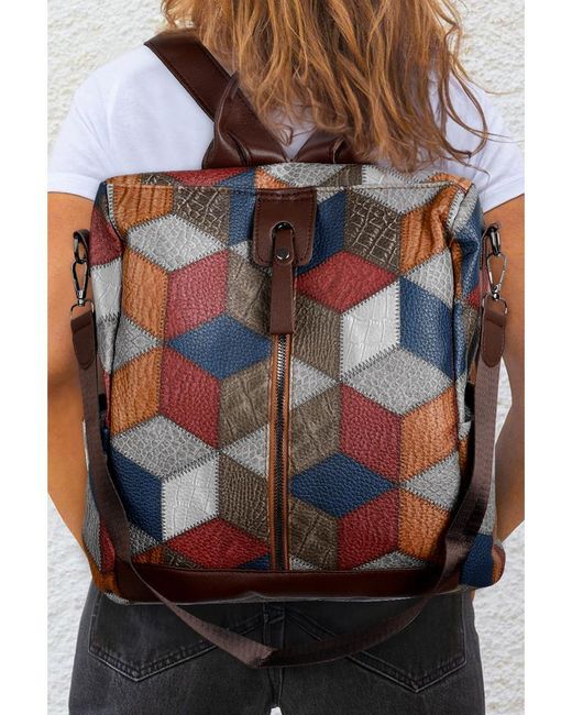 Azura Exchange Brown Geometric Soft Pu Leather Large Convertible Backpack
