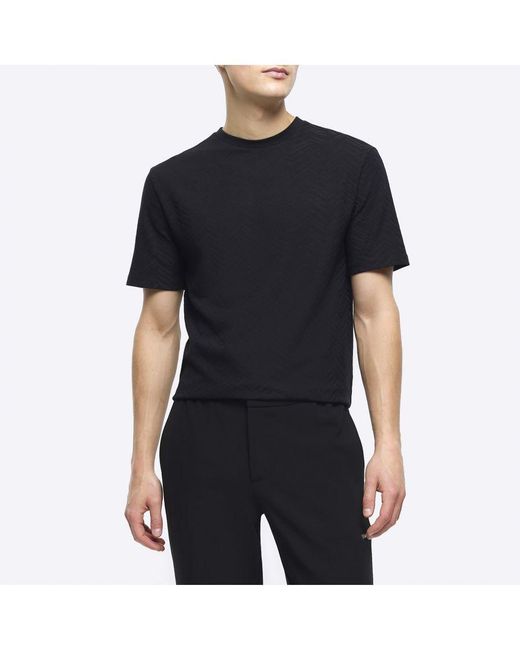 River Island Black T-Shirt Slim Fit Chevron Texture Cotton for men