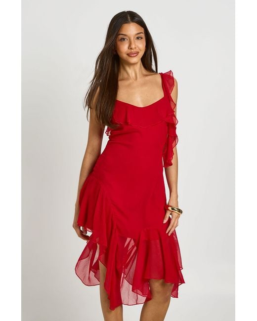 Boohoo Red Chiffon Ruffle Detail Asymmetric Midi Dress