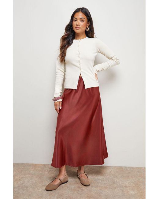 Oasis Petite Satin Bias Cut Midi Skirt in Red Lyst UK