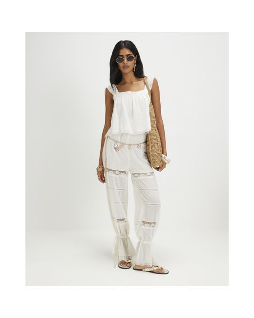 River Island White Jumpsuit Cotton Blend Lace Insert Viscose