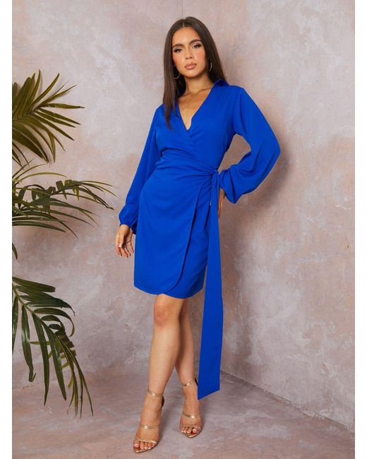 Chi Chi London Blue Long Sleeve Wrap Detail Shirt Dress