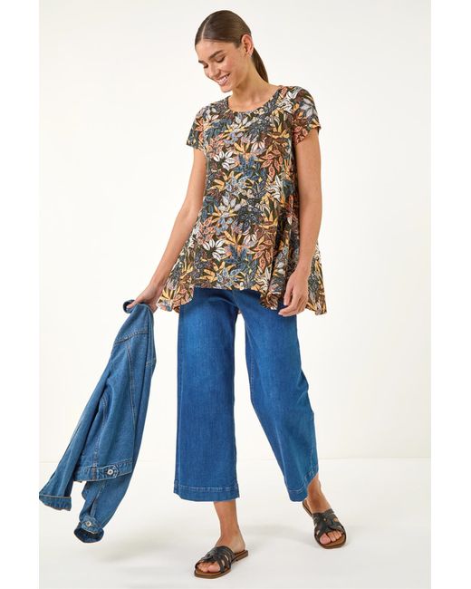 Roman Blue Floral Lace Puff Print Tunic Top