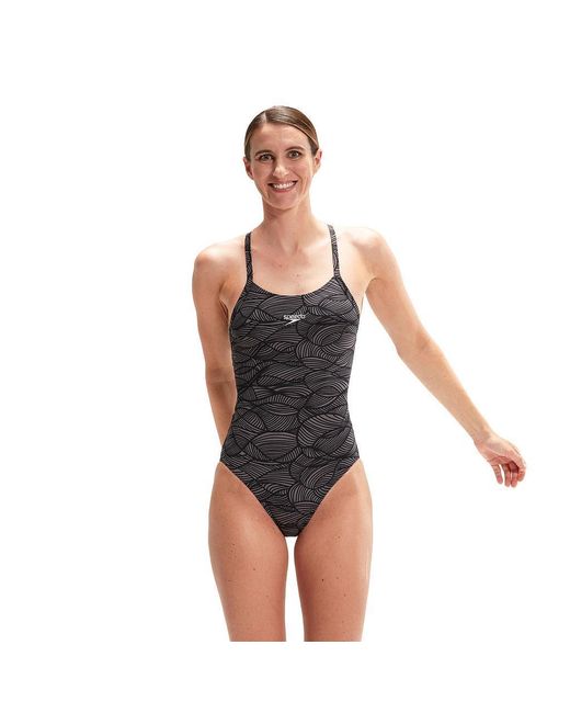 Speedo Black Ladies All-Over Print Cross Back One Piece Swimsuit
