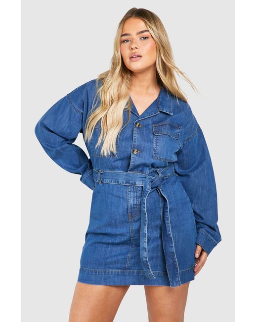 Boohoo Blue Plus Long Sleeve Tie Belt Denim Dress