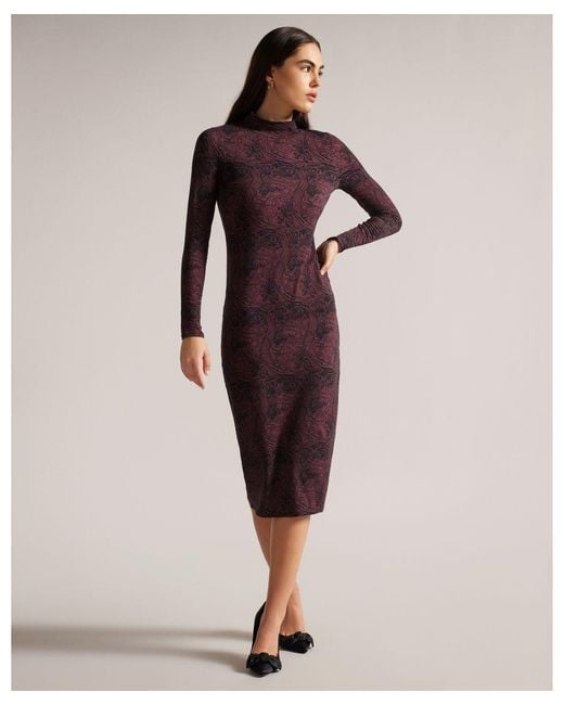 Ted Baker Red Elonar High Neck Printed Bodycon