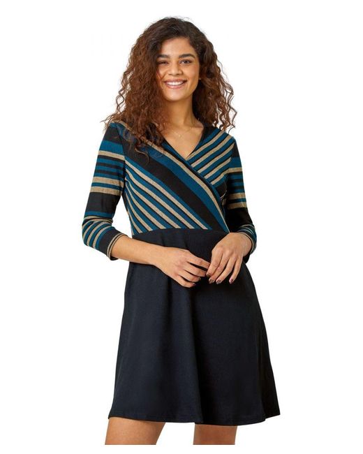 Roman Blue Stripe Print Wrap Stretch Dress