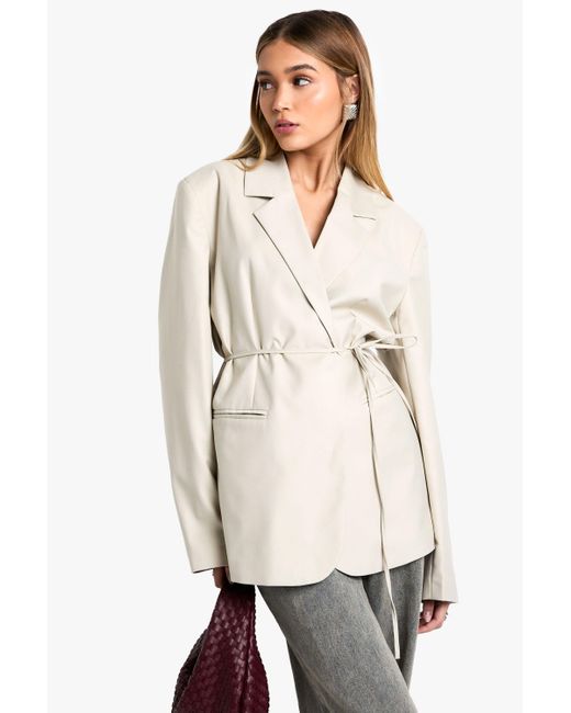 Boohoo Natural Tie Waist Oversized Longline Blazer