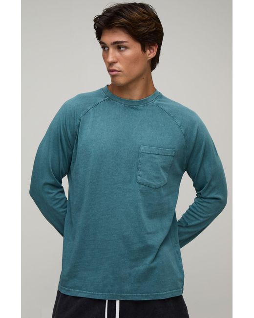 BoohooMAN Blue Essential Washed Regular Fit Raglan Long Sleeve Front Pocket T-Shirt for men