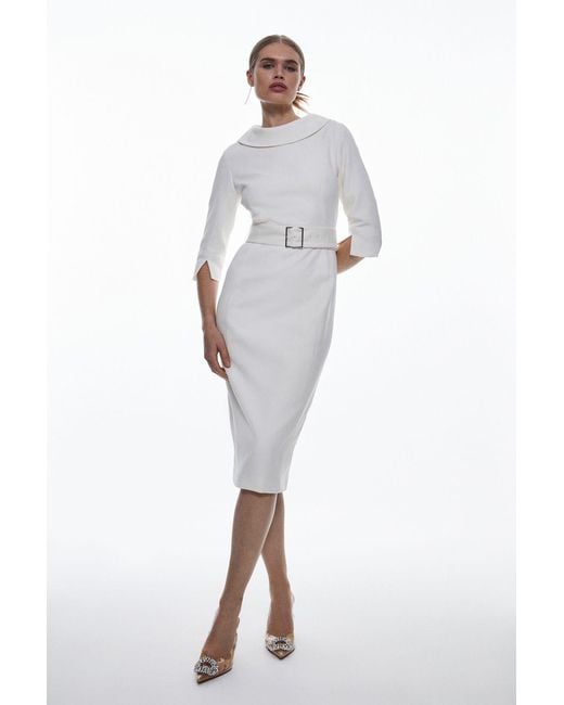 Karen Millen White Tailored Structured Crepe Roll Neck Pencil Midi Dress
