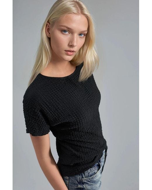 Hiccup Black Textured Crew Neck Blouse