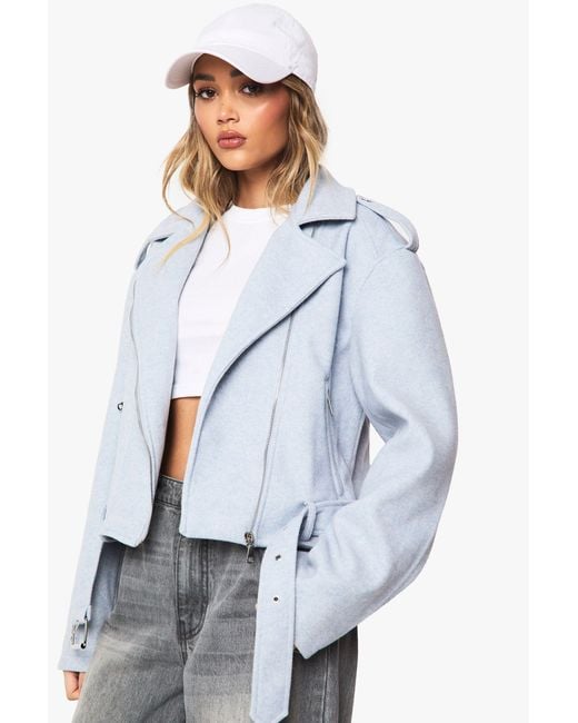 Boohoo Blue Wool Look Belted Jacket