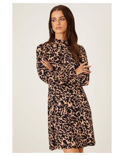 Dorothy Perkins Brown Petite Leopard Long Sleeve Shift Mini Dress