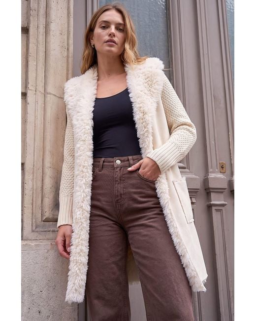 Roman Brown Longline Faux Shearling Knit Coatigan