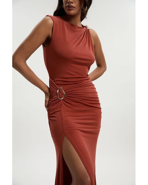 Karen Millen Red Drapey Crepe Trim Detail Ruched Maxi Dress