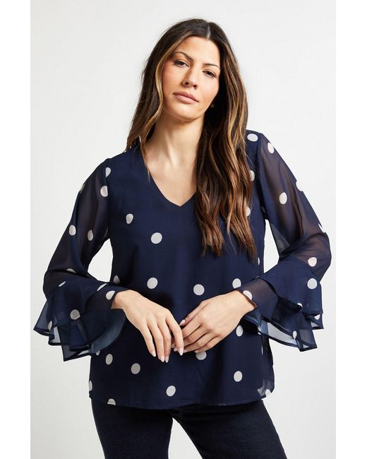 Wallis Blue Polka Dot Flute Sleeve Top