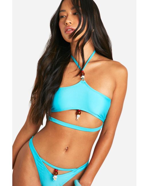 Boohoo Blue Beaded Shell Trim Halterneck Bikini Top