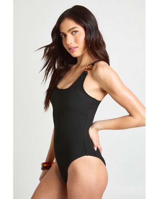 Boohoo Black Tortoise Shell Trim Detail Crinkle Scoop Swimsuit