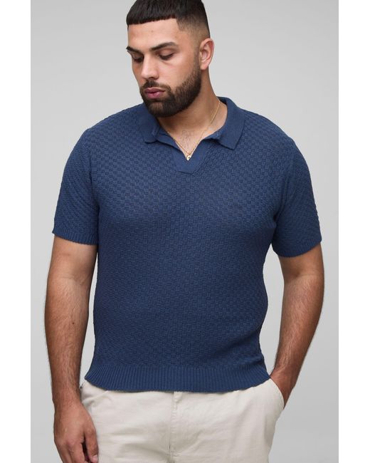 BoohooMAN Blue Plus Regular Fit Micro Plaid Crochet Polo Shirt for men