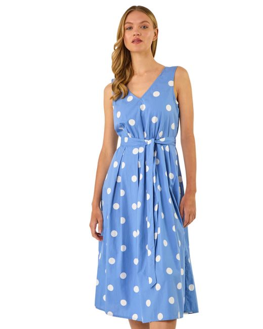 Roman Blue Spot Print Belted Midi Dress