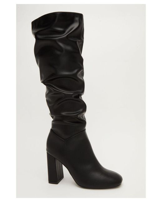 Quiz Black Faux Leather Ruched Knee High Boots