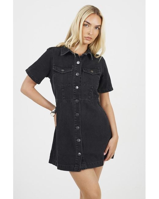 Brave Soul Black Collared A-Line Denim Mini Dress