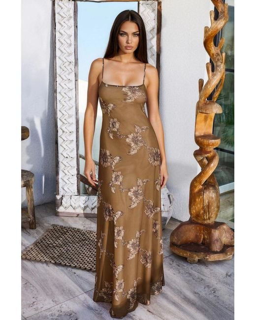 Hiccup Brown Flower Mesh Maxi Dress