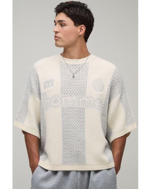 BoohooMAN Natural Oversized Knitted Mesh Sports Top for men