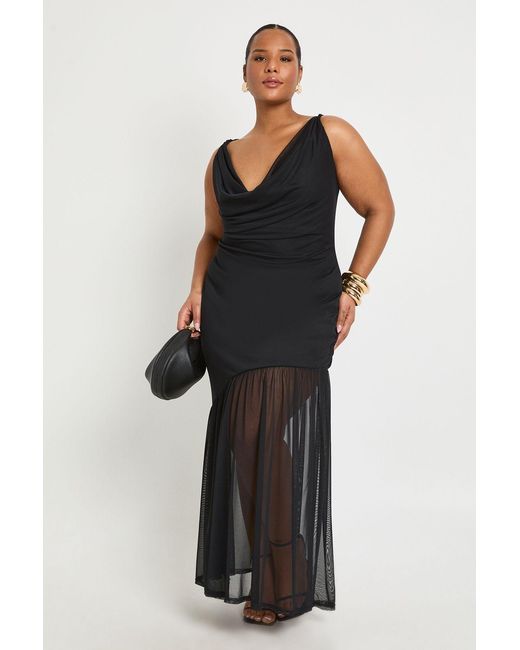 Boohoo Black Plus Cowl Mesh Hem Midaxi