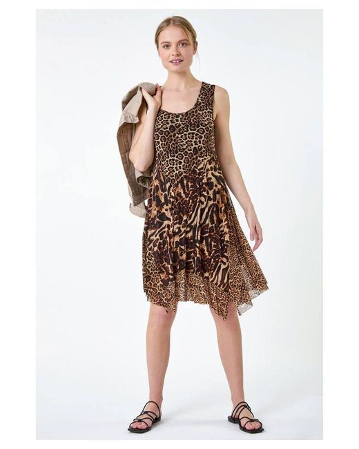 Roman Brown Animal Print Stretch Mesh Dress