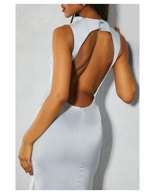 MissPap Gray Satin Grown Neck Cut Out Back Fishtail Maxi Dress