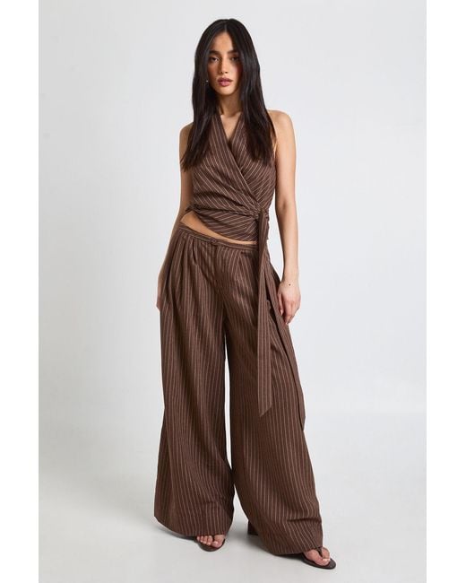 Boohoo Brown Pleated Wide Leg Peached Stripe Trouser