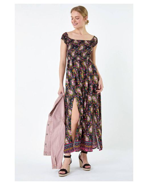 Roman Brown Paisley Shirred Bardot Maxi Dress