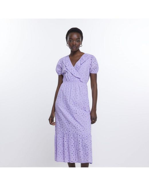 River Island Purple Wrap Midi Dress Brodeire Cotton