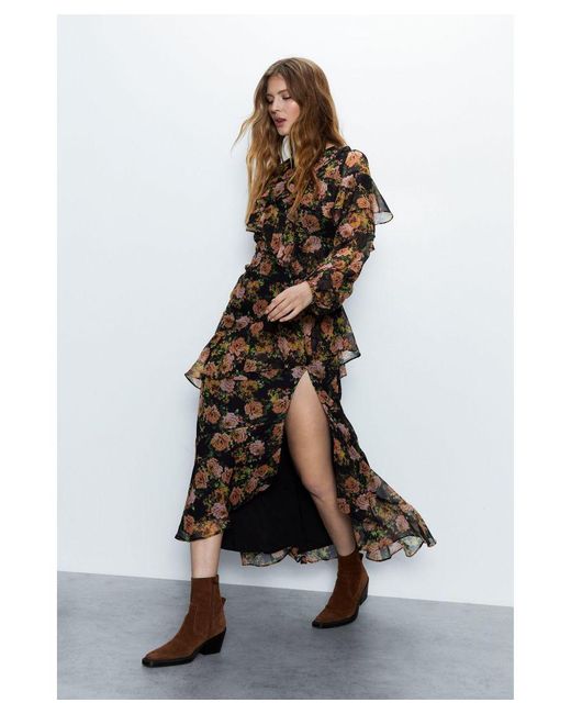 Warehouse Brown Premium Floral Ruffle Detail Tiered Maxi Dress