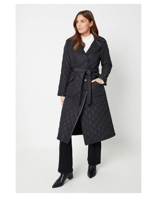 Wallis Blue Belted Longline Quilted Coat With Pu Contrast Trims