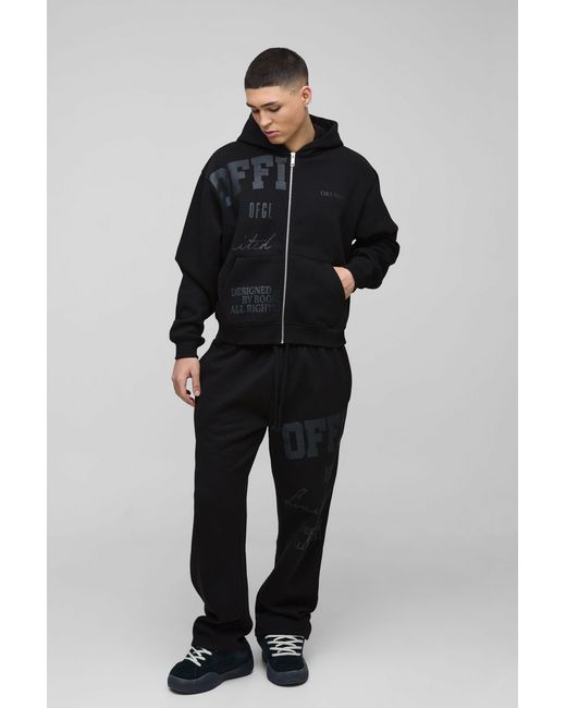 BoohooMAN Black Oversized Boxy Official Tonal Print Zip Hooded Tracksuit for men