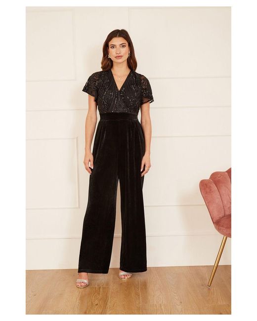 Yumi' Natural Sequin Embellished Velvet Jumpsuit With Angel Sleeves