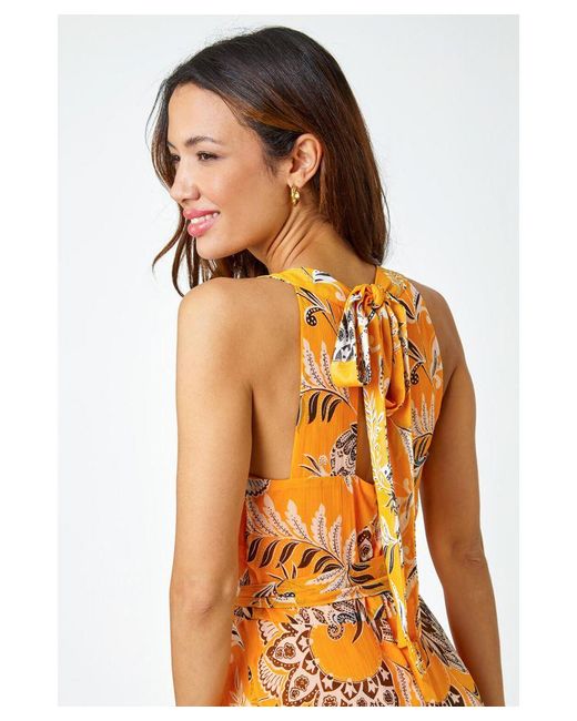 Roman Orange Sleeveless Floral Halter Neck Midi Dress