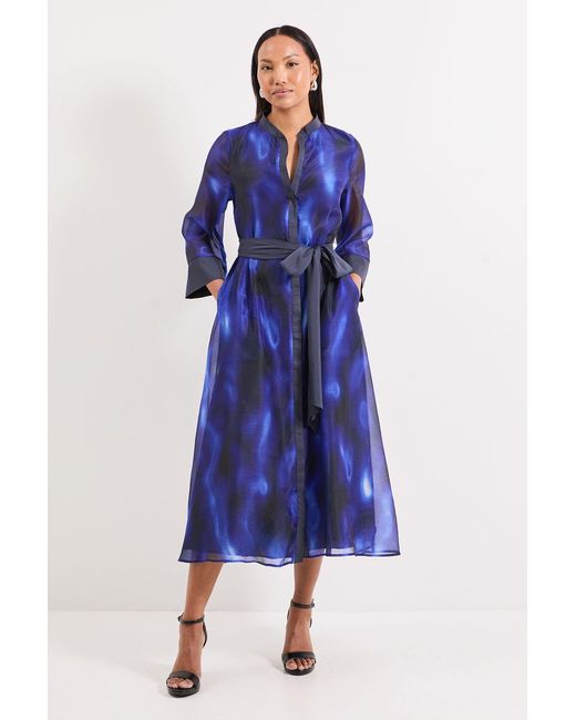 PRINCIPLES Blue Abstract Print Contrast Detail Shirt Dress