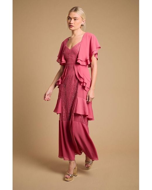 Oasis Pink Lace Panel Ruffle Maxi Dress