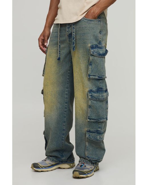 BoohooMAN Green Washed Multi Cargo Belted Jeans for men