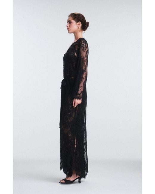 Penti Black Embroidered Maxi Robe With Tie Front