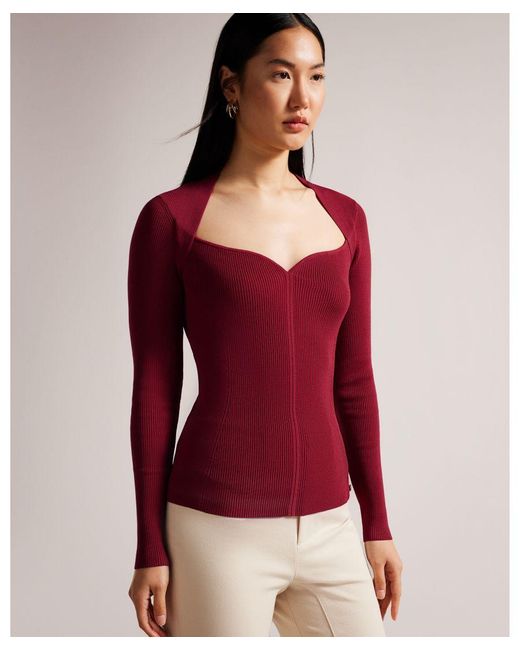 Ted Baker Red Helenh Sweetheart Neckline Long Sleeve Knitted Top