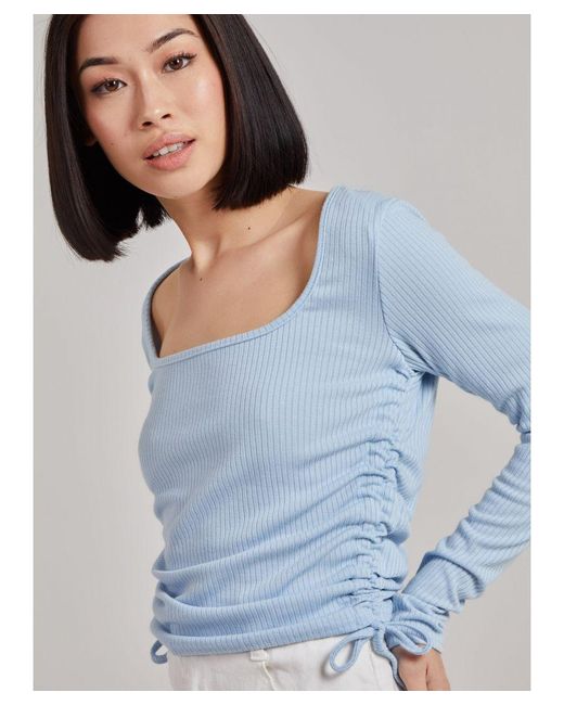 Pink Vanilla Blue Ruched Square Neck Ribbed Top