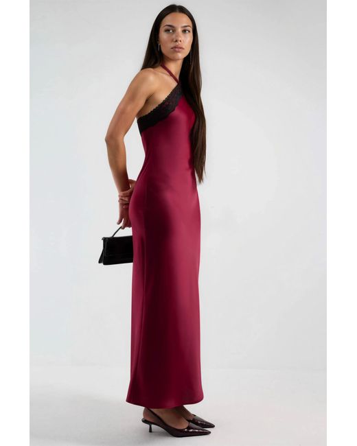 Hiccup Red Maxi Dress With Halter Collar And Lace Detail