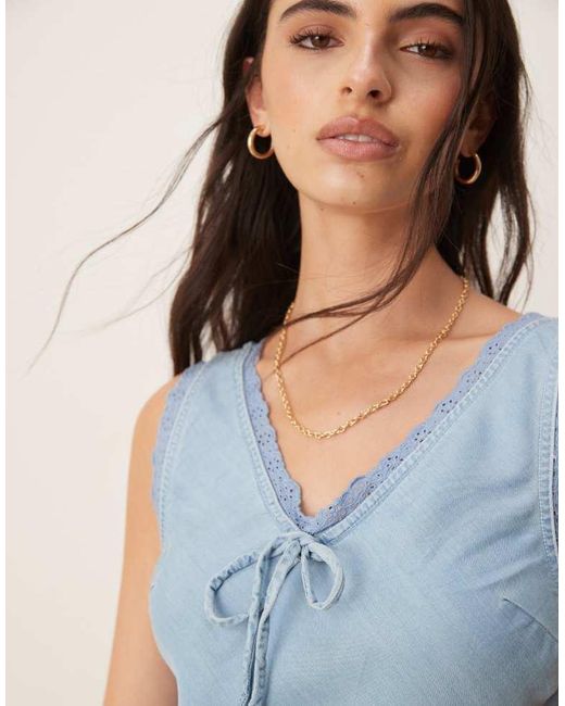ASOS Blue Soft Denim Sleeveless Mini Dress With Lace Trim